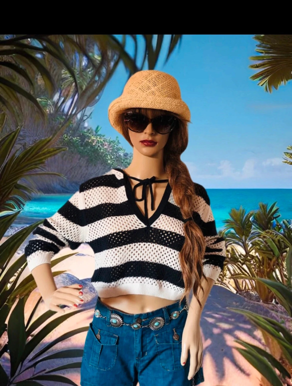 💙🌿Suéter curto de crochê com capuz e listras Y2K Beachwear festival hoodie crop striped sweater S/M🌿💙 – photo 2